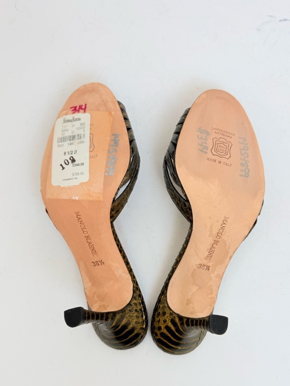 Manolo Blahnik Metallic Green snakeskin Crystal Embellished High Heel Mules 36.5 - Picture 8 of 9